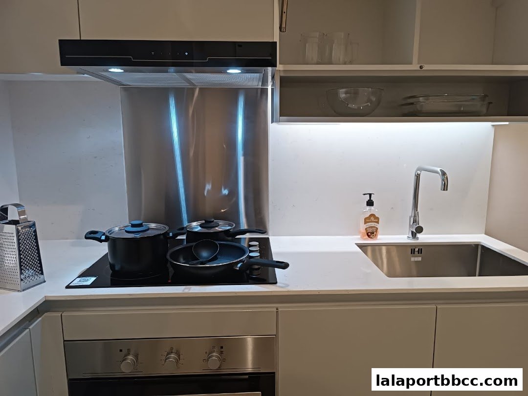 A modern kitchen counter with a sink, faucet, stovetop, pots, and a grater.
