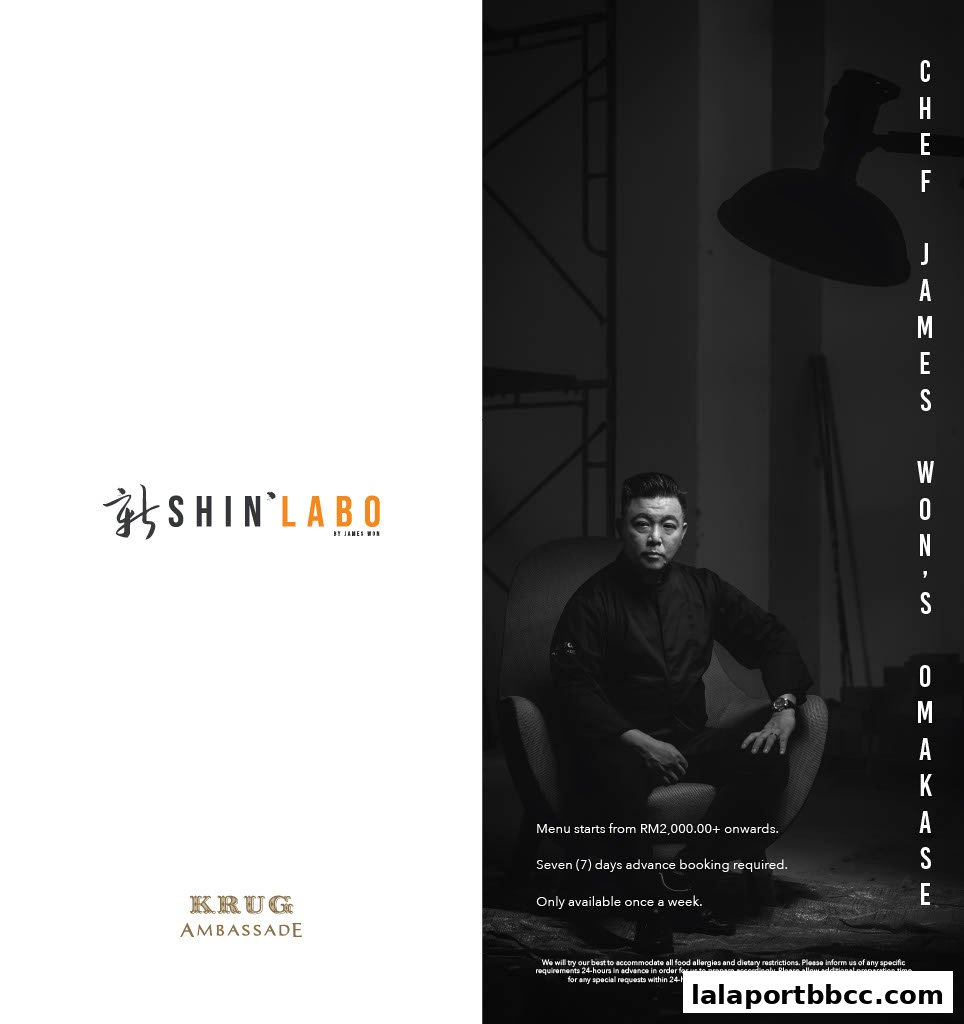 A portrait of Chef James Won with the ShinLabo logo and Omakase details.