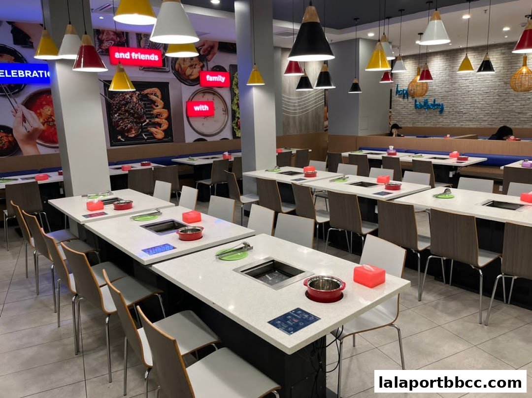 Interior of a modern restaurant with many tables set up for dining.
