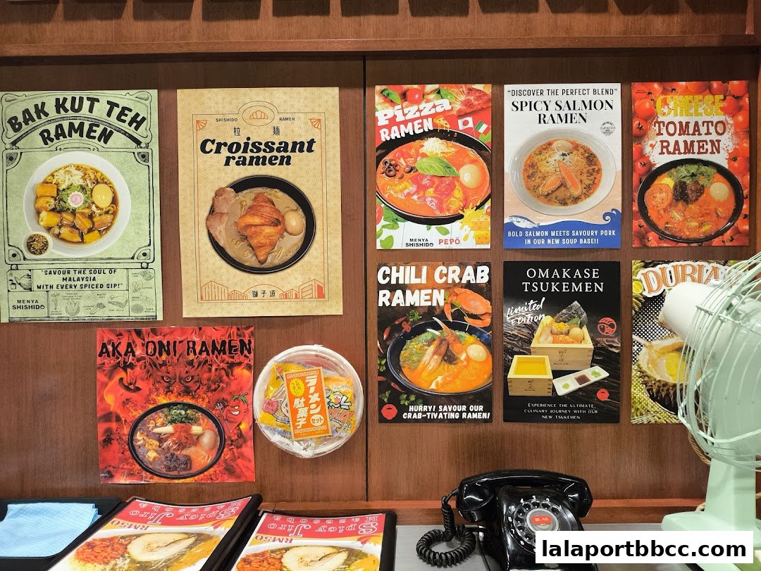 A wall display featuring various ramen dishes and their descriptions at Menya Shishido.