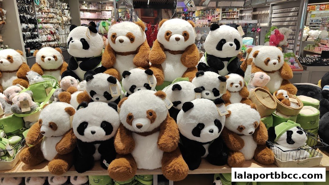 A display of various sizes of plush panda toys on shelves in a retail store.