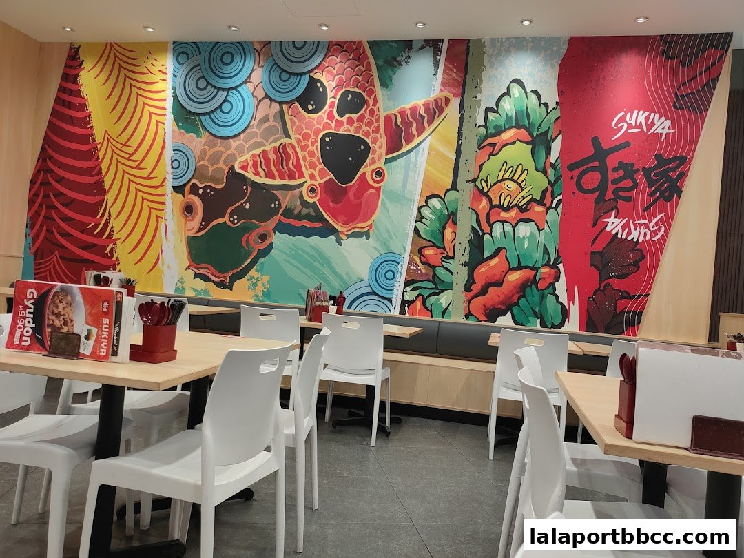 Interior of a Sukiya restaurant with colorful Japanese-inspired wall art and dining tables.