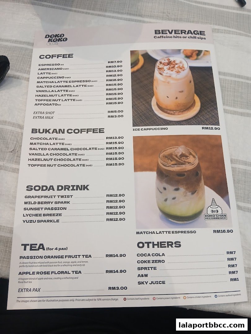A menu from Doko Koko Cafe featuring coffee, tea, soda drinks, and other beverages with prices.