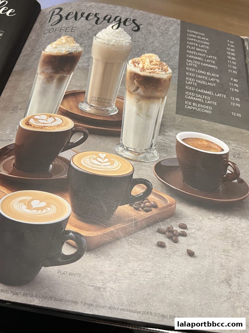 A menu page showcasing various coffee beverages with appealing visuals and prices.