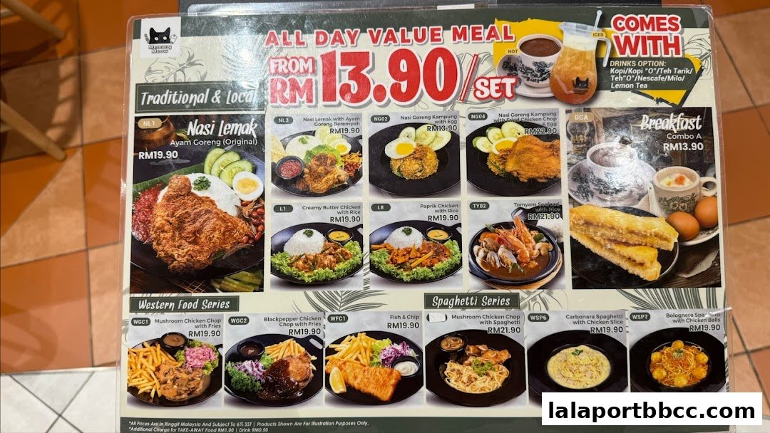 A menu featuring various Malaysian and Western dishes, including Nasi Lemak, fried chicken, and spaghetti.