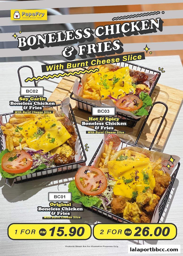 A menu showcasing three types of boneless chicken and fries with burnt cheese slice.