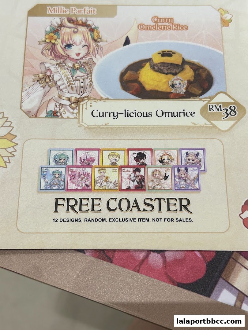 A menu item featuring a character and a curry omurice dish with a free coaster promotion.