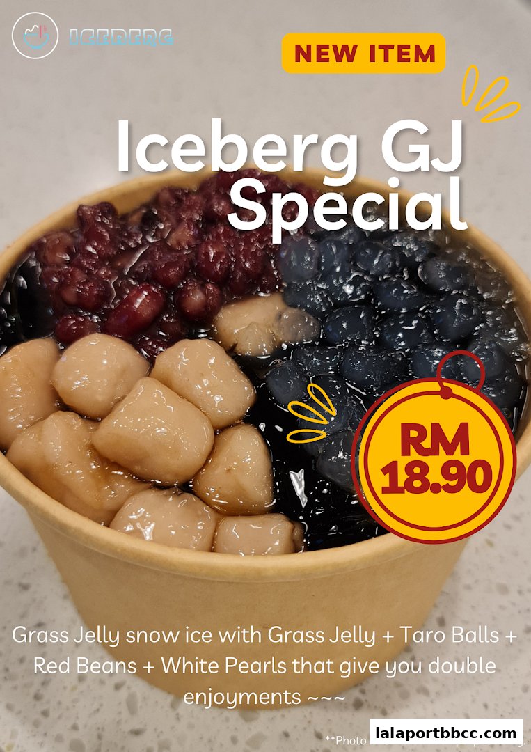 A bowl of Iceberg GJ Special dessert with grass jelly, taro balls, red beans, and white pearls.