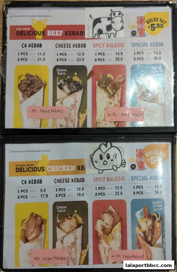 A menu displaying beef and chicken kebabs with various flavors and prices.