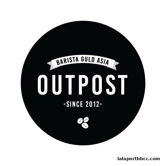 A circular logo for BGA Outpost, featuring the text 'OUTPOST' and 'BARISTA GULD ASIA'.
