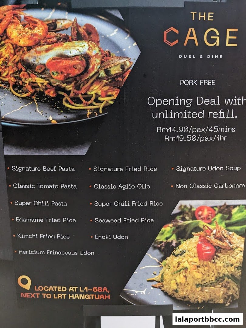 A menu for The Cage Duel & Dine featuring pasta, fried rice, and udon dishes with an opening deal.