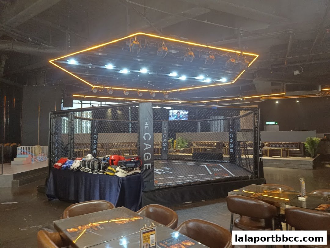 Interior of 'The CAGE - Duel Dine' featuring a boxing ring and seating areas.