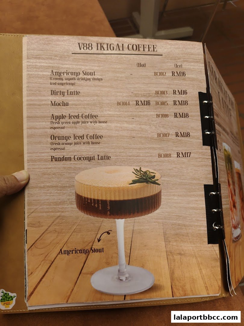 A menu from V88 Ikigai Coffee featuring various coffee drinks with prices.