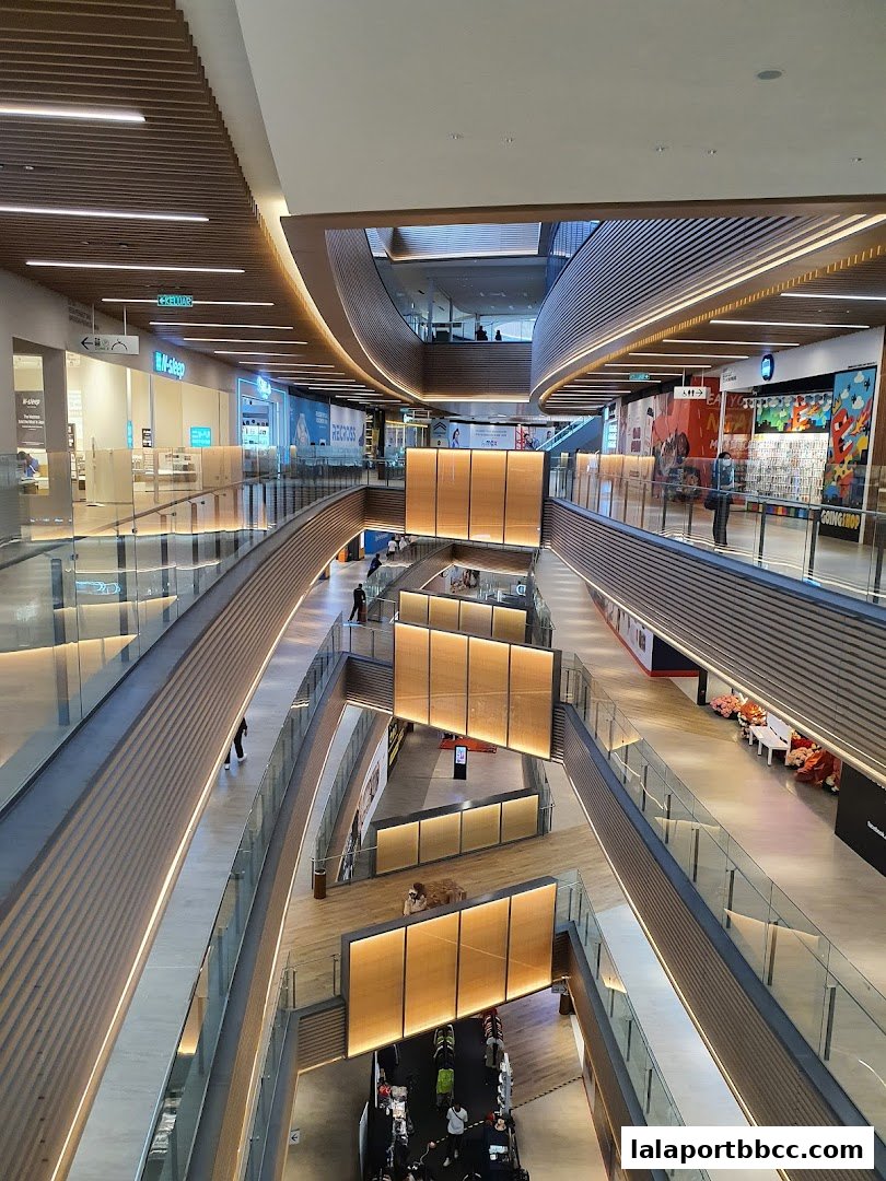 Interior view of a modern shopping mall with multiple levels and escalators.