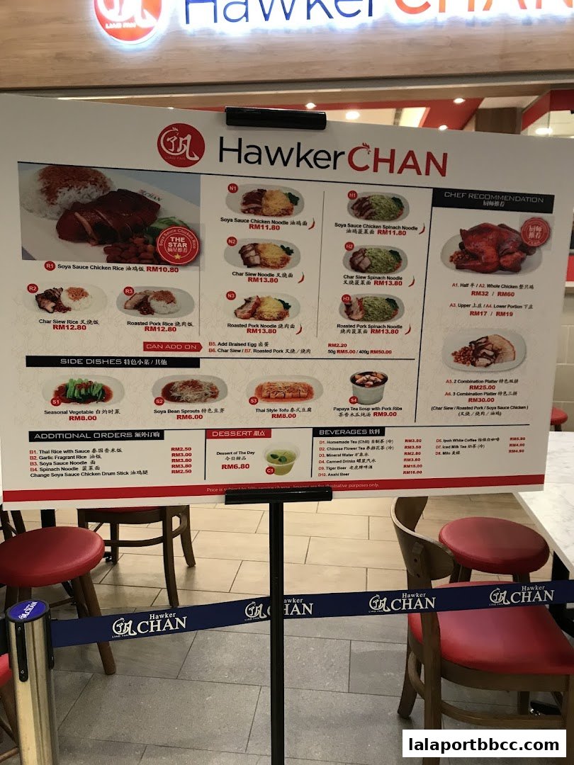 A menu board displaying various chicken and pork dishes, side dishes, desserts, and beverages.