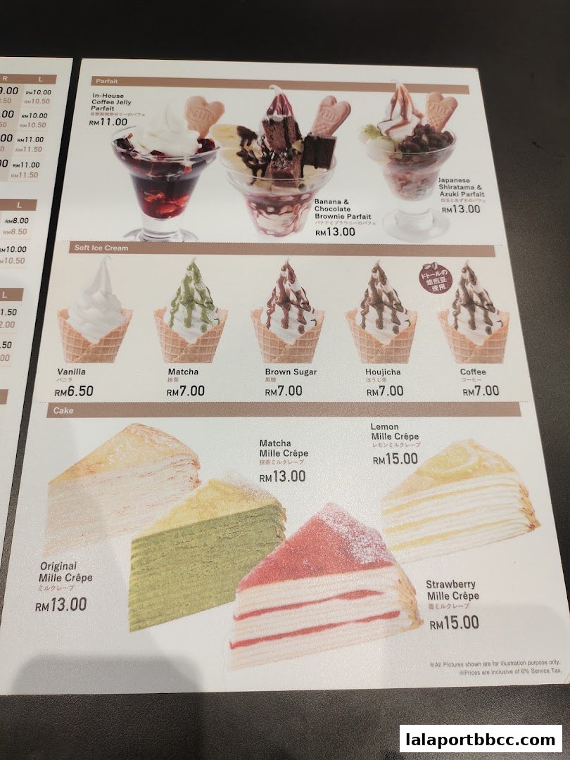 A menu display featuring parfaits, soft ice cream, and mille crêpe cakes with prices.