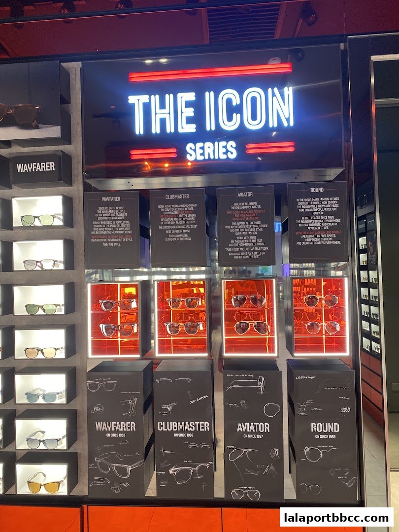 Ray-Ban store display featuring iconic sunglasses models and their history.