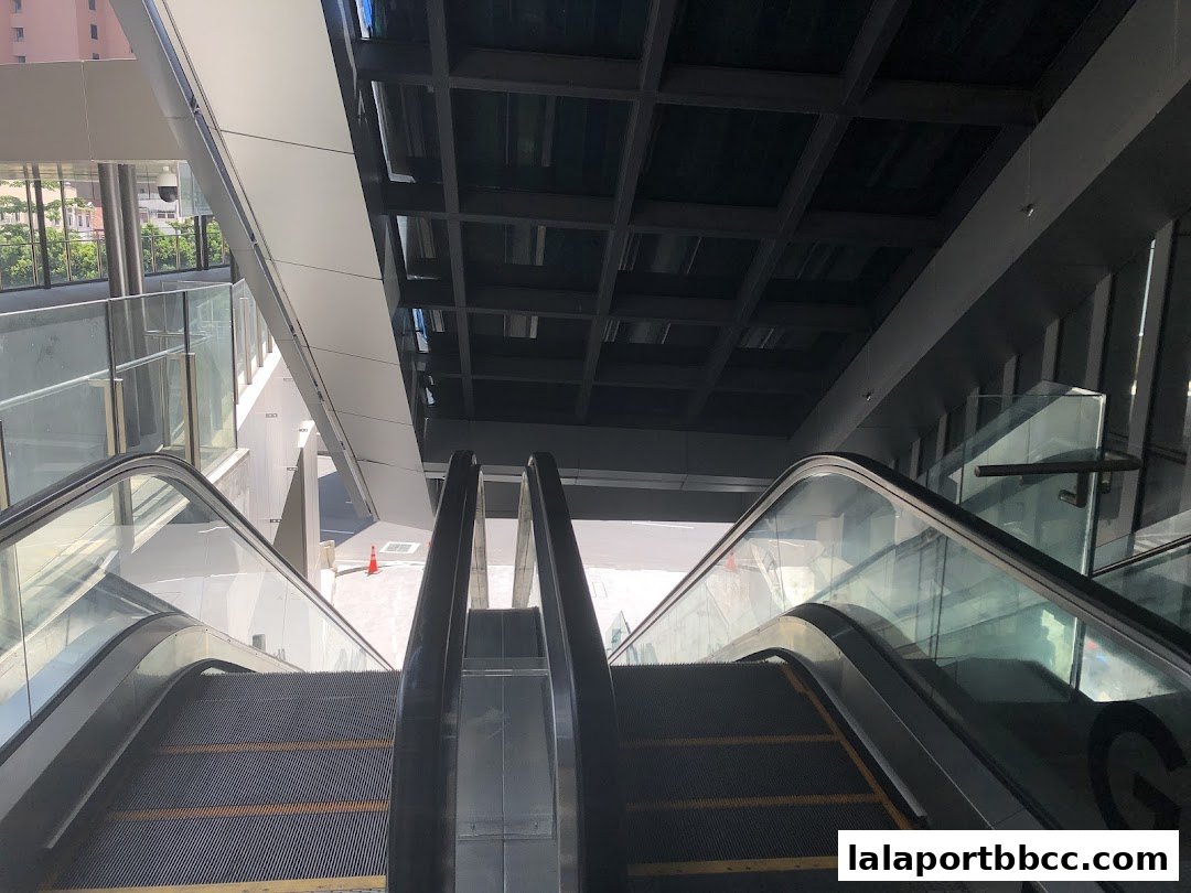 View from the top of escalators in a modern building with glass railings.