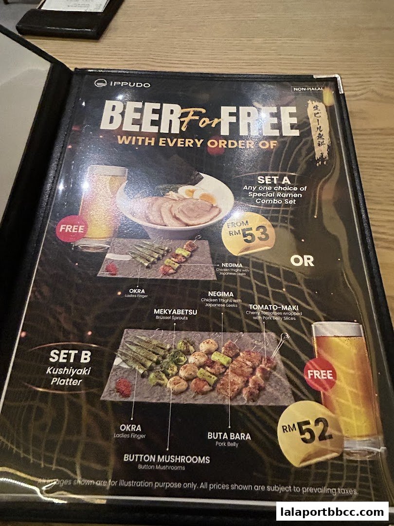 A menu offering free beer with ramen or kushiyaki platters at IPPUDO.