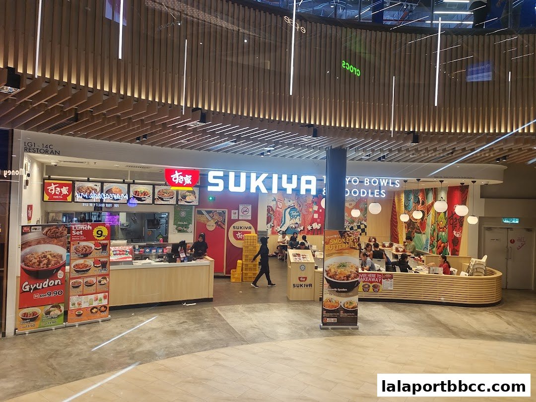 The Sukiya restaurant storefront with colorful murals and seating area visible.