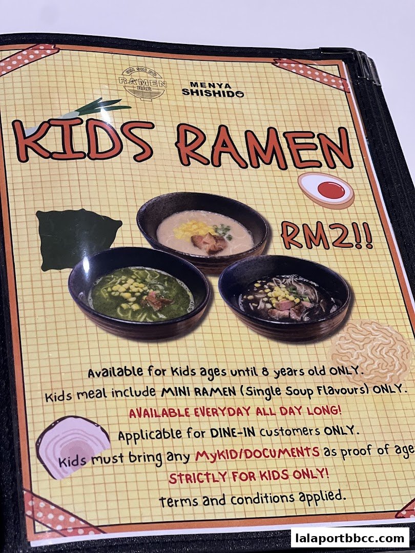 A menu for Kids Ramen at Menya Shishido, priced at RM2.