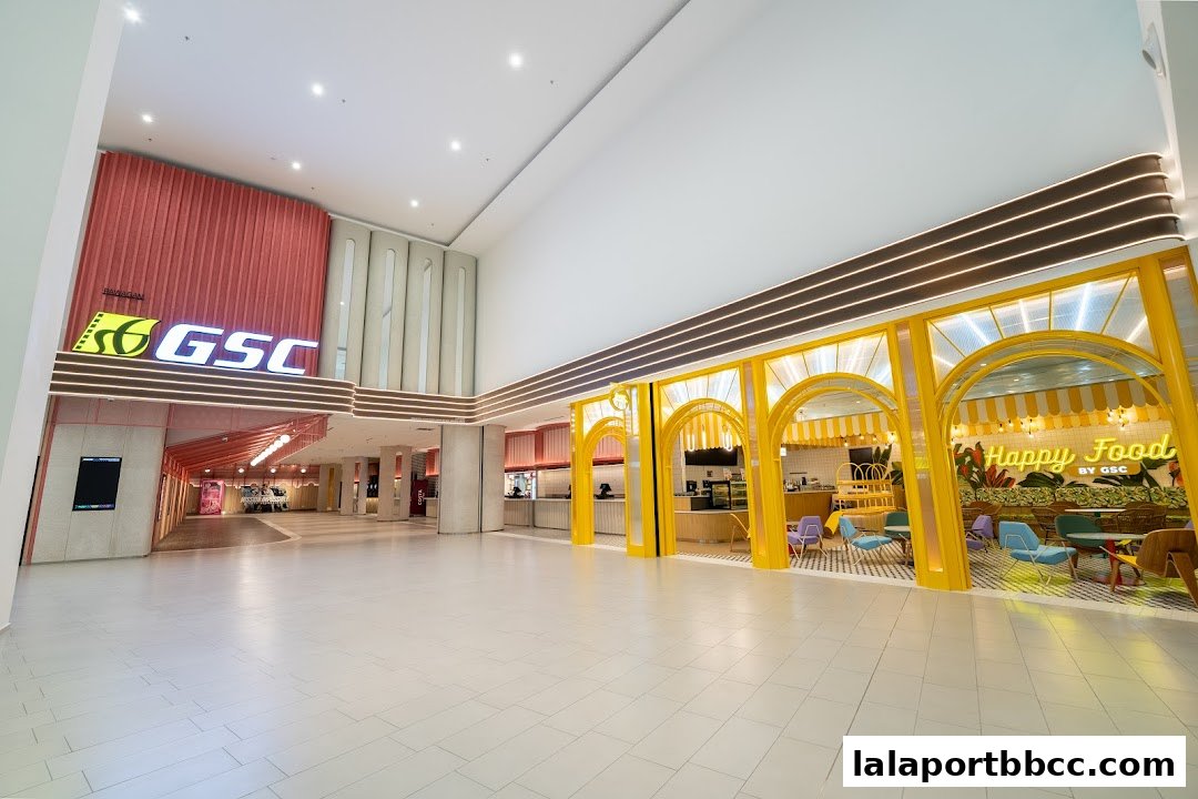 The GSC cinema entrance and a bright yellow 'Happy Food' cafe with seating.