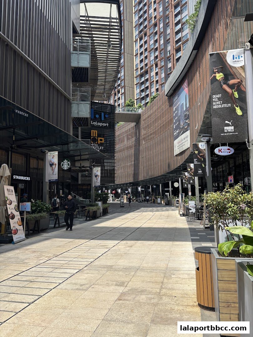 A wide outdoor walkway in a modern shopping mall with various shops and advertisements.