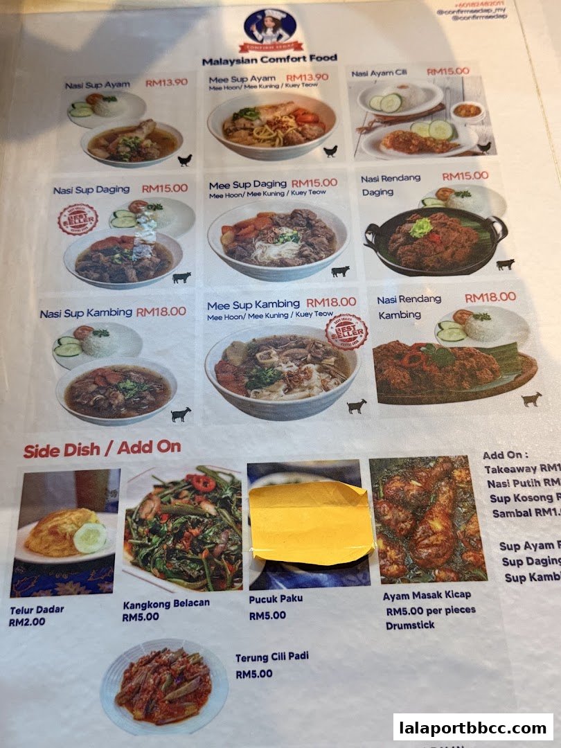 A menu from Confirm Sedap featuring Malaysian comfort food dishes with prices and images.