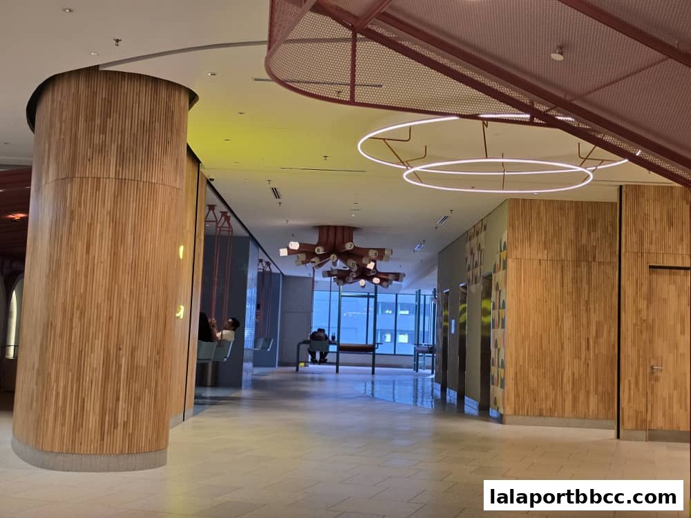 Modern interior hallway with wooden accents, swings, and elevators.