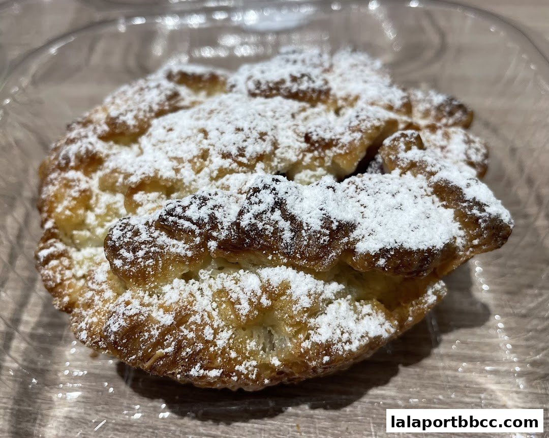 A close-up of a pastry dusted with powdered sugar in a clear plastic container.