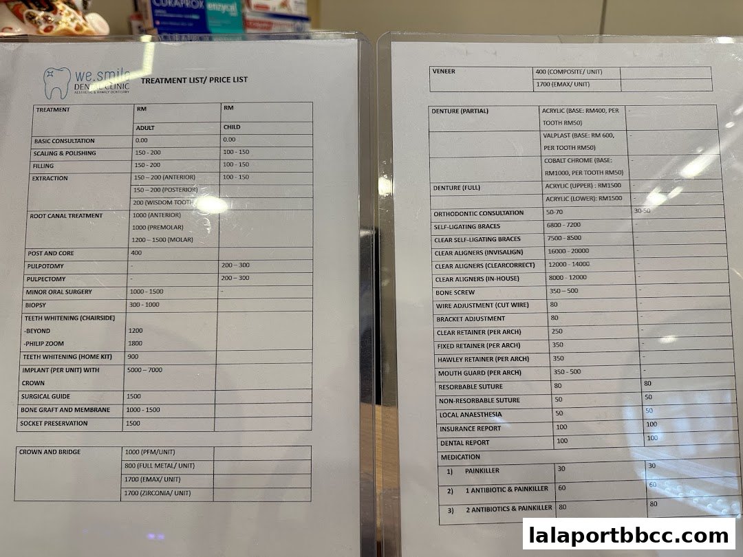 A price list for dental treatments at WeSmile Dental Clinic, detailing services and costs.