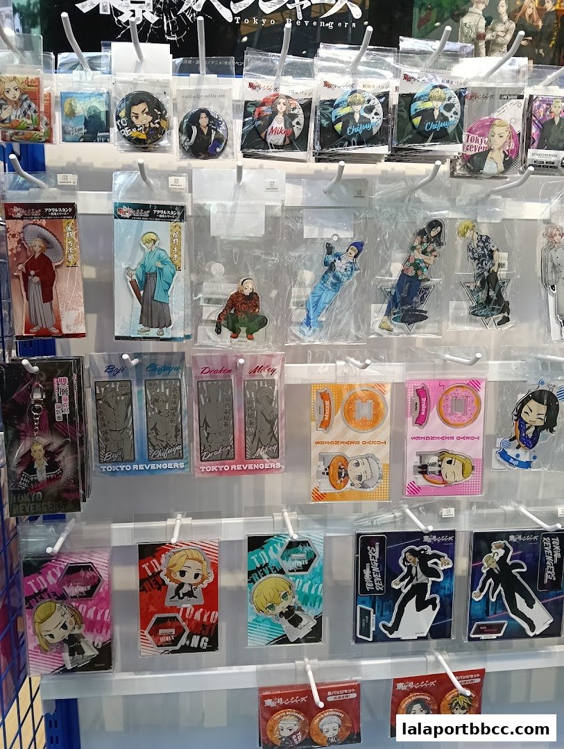 A display of anime merchandise, featuring characters from Tokyo Revengers.