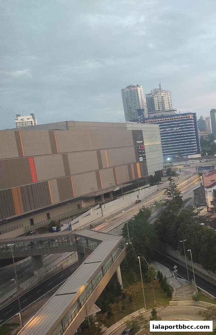 A view of the Lalaport building and a linked bridge with a city skyline in the background.