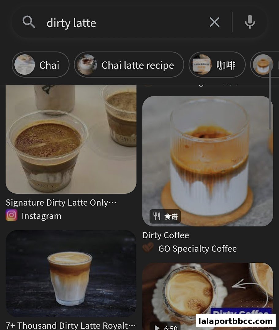 A search results page displaying various coffee drinks, including dirty lattes.