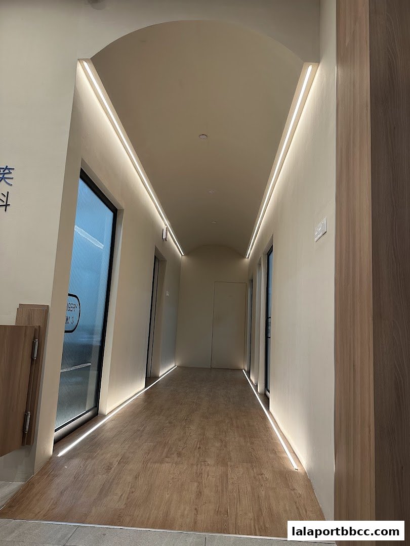 A modern, well-lit hallway with arched ceiling and wood-look flooring.