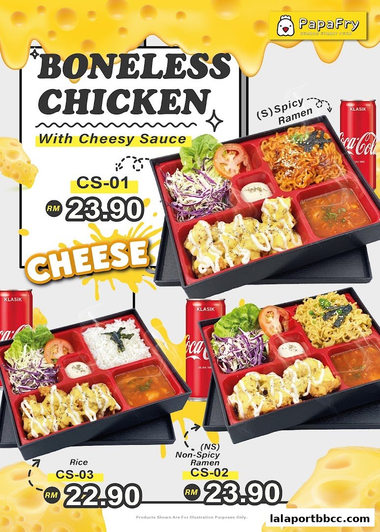 PapaFry offers boneless chicken with cheesy sauce, spicy ramen, and rice bento boxes.