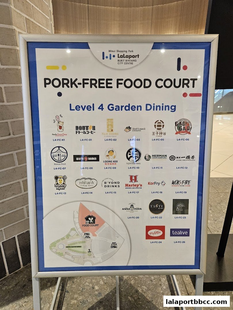 A sign displays a map and logos of various food vendors in a pork-free food court.