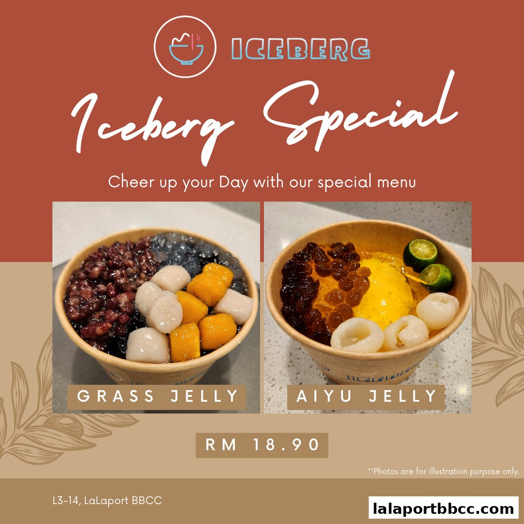 Two bowls of dessert, one Grass Jelly and one Aiyu Jelly, with prices and shop information.