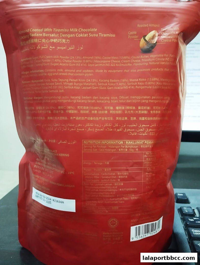 A bag of Beryls Almond Coated With Tiramisu Milk Chocolate with nutritional information.