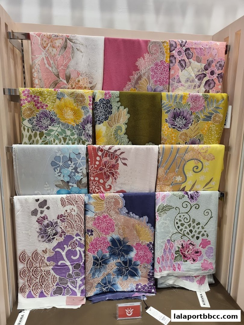 A display of colorful batik fabrics with intricate floral patterns.