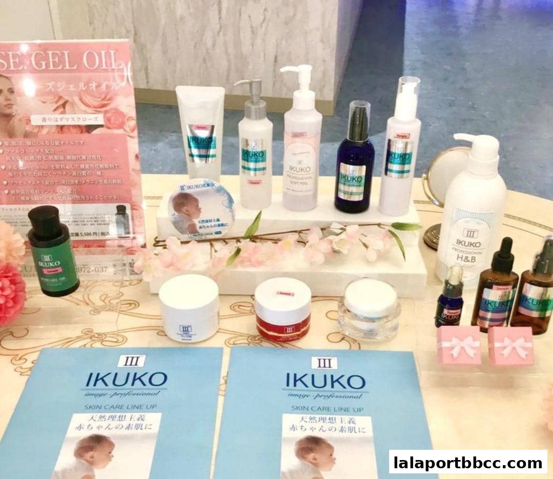 A display of IKUKO JAPAN BEAUTY skincare products, including lotions, creams, and oils, with promotional materials.