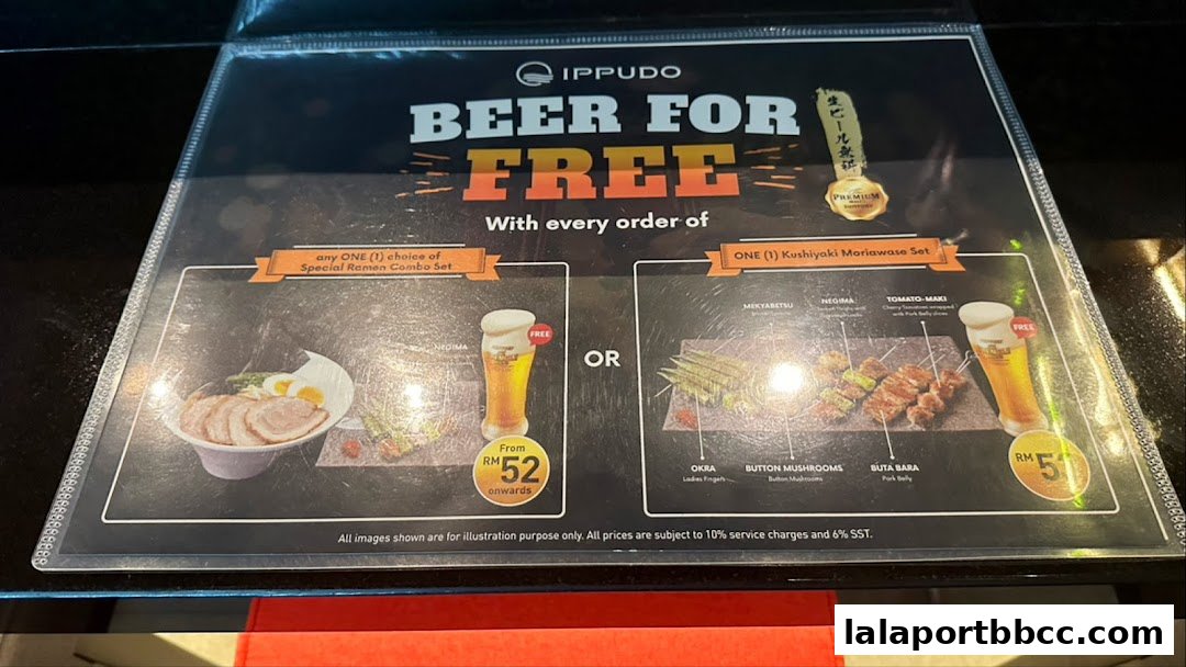 A menu offering free beer with the order of a Special Ramen Combo Set or Kushiyaki Moriawase Set.