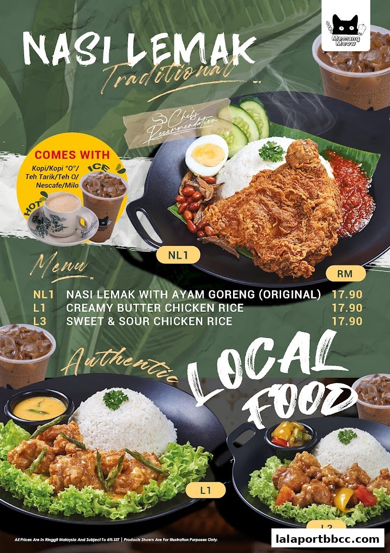 A menu showcasing Nasi Lemak and other local dishes with prices.