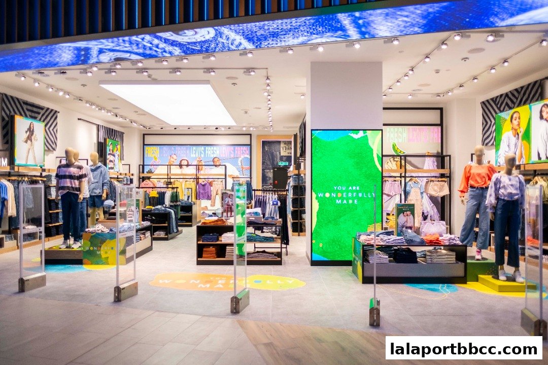 Interior view of a brightly lit Levi's store showcasing denim apparel and mannequins.