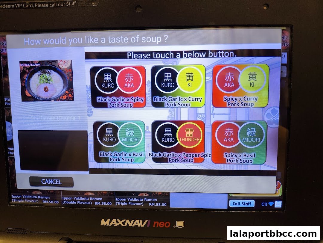 A touch screen menu displaying various ramen soup flavors with images and descriptions.