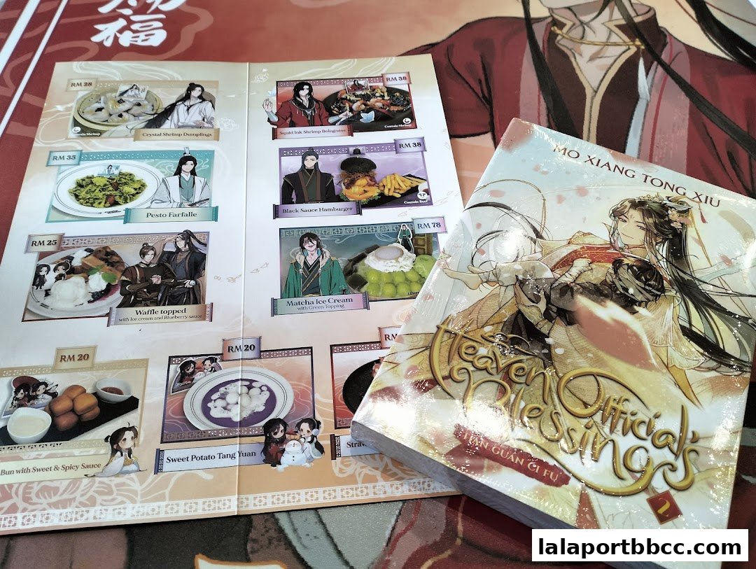 A menu featuring various food items with anime-style illustrations and a book titled 'Heaven Official's Blessings'.