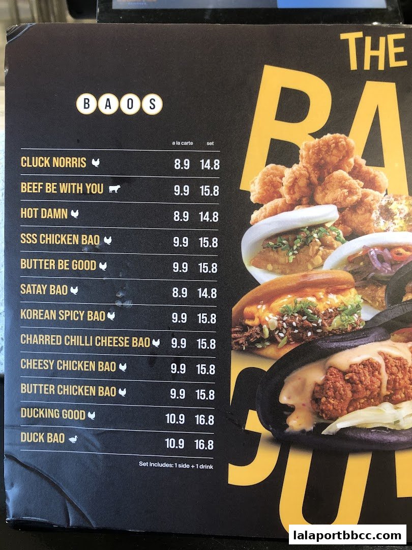 A menu from The Bao Guys featuring various bao options with prices.