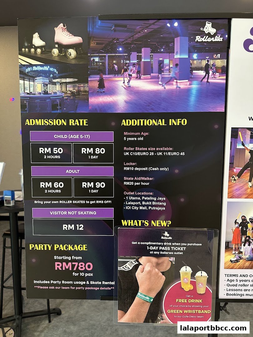 A price list for Rollerwa Kuala Lumpur, detailing admission rates and party packages.