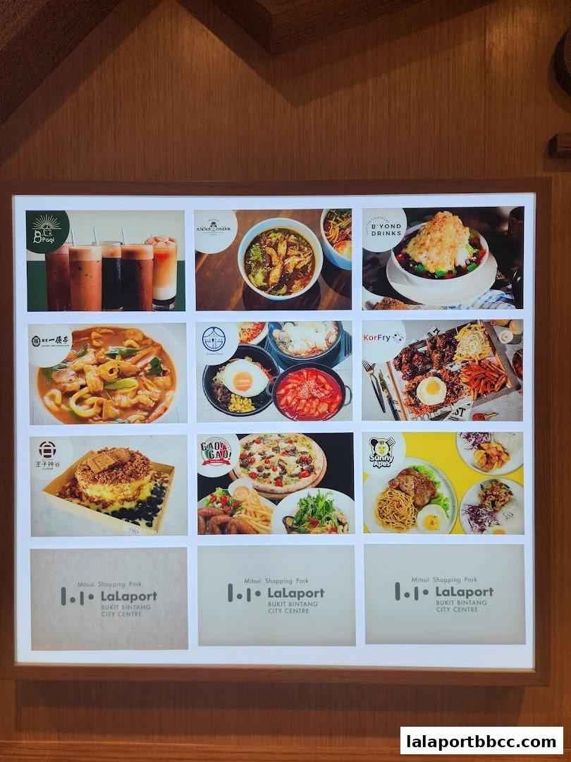 A digital menu board displaying various food and drink options from different vendors.