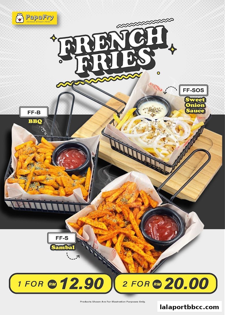A promotional image showcasing three varieties of French fries from PapaFry.